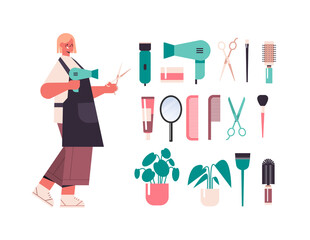 hairdresser in uniform using hair dryer and scissors set tools and accessories icons collection beauty salon concept horizontal full length isolated vector illustration