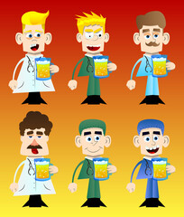 Funny cartoon doctor drinking beer. Vector illustration. Relaxing health care worker.