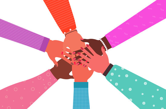 hands of mix race group of women putting together female empowerment movement girl power union of feminists concept horizontal vector illustration