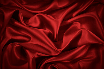  Red silk satin background. Beautiful soft wavy folds on smooth shiny fabric. Anniversary, Christmas, wedding, valentine, event, celebration concept. Red luxury background with copy space for design.  - Powered by Adobe