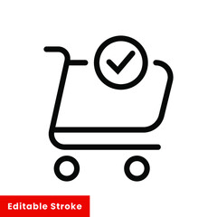 Shopping cart and check mark icon. Simple line style for web and app. Trolley symbol on white background. Vector Illustration. Editable stroke EPS10