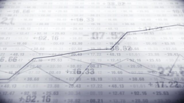 Graph and numbers in stock market. Business Success and growth concept. Monochrome. Abstract financial chart on screen display. Loop animation.