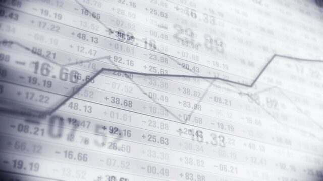 Graph and numbers in stock market. Business Success and growth concept. Monochrome. Abstract financial chart on screen display. Loop animation.