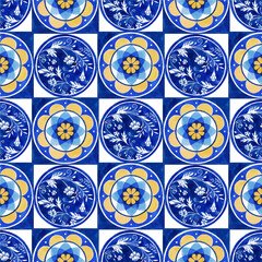 Pattern seamless with Italian tile design watercolor vector illustration