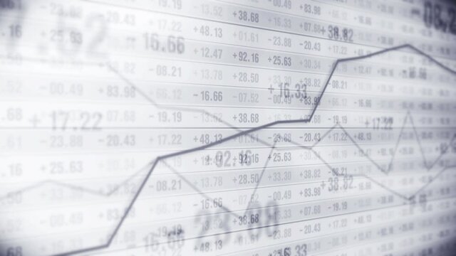 Graph and numbers in stock market. Business Success and growth concept. Monochrome. Abstract financial chart on screen display. Loop animation.
