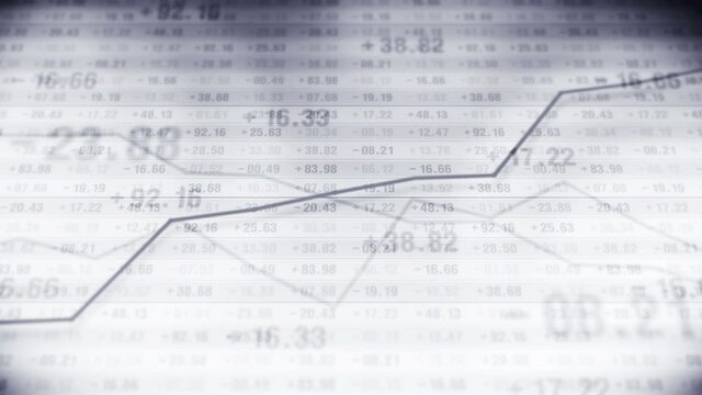 Graph and numbers in stock market. Business Success and growth concept. Monochrome. Abstract financial chart on screen display. Loop animation.