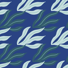 Simple navy blue colored vintage leaves silhouettes seamless pattern. Flora print. Hand drawn ornament.