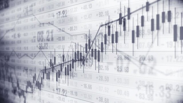 Graph and numbers in stock market. Business Success and growth concept. Monochrome. Abstract financial chart on screen display. Loop animation.