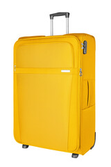 Yellow fabric travel suitcase with zipper, handle and lock white background isolated close up side view, large cloth baggage case, big textile luggage trolley bag, summer holidays, tourism, vacation
