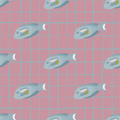 Pale tones seamless pattern with creative blue surgeon fish ornament. Pink chequered background.