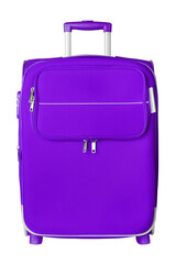 Purple fabric travel suitcase with zipper, handle, lock white background isolated closeup front view, large blue cloth baggage case, big textile luggage trolley bag, summer holidays, tourism, vacation