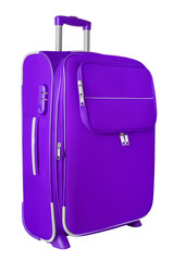 Purple fabric travel suitcase with zipper, handle, lock white background isolated close up side view, large blue cloth baggage case, big textile luggage trolley bag, summer holidays, tourism, vacation