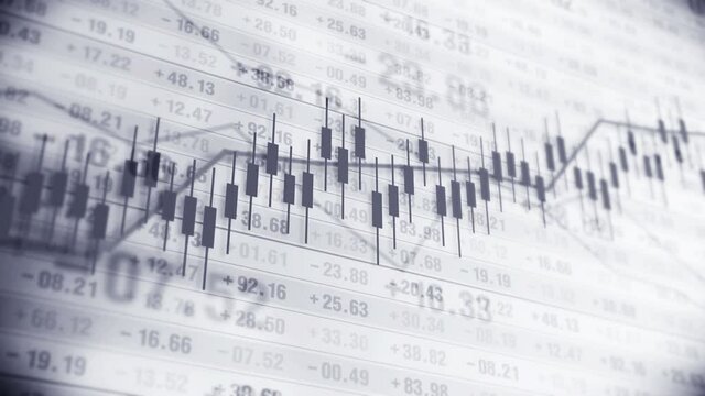 Graph and numbers in stock market. Business Success and growth concept. Monochrome. Abstract financial chart on screen display. Loop animation.