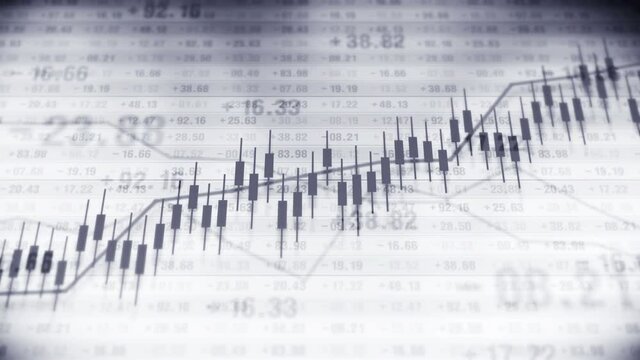 Graph and numbers in stock market. Business Success and growth concept. Monochrome. Abstract financial chart on screen display. Loop animation.