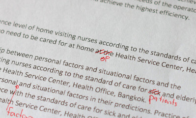 handwriting marking error on English letter on draft paperwork