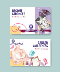 Facebook template with world cancer day concept design for social media and online marketing watercolor vector illustration.