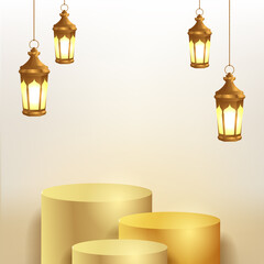 3d cylinder podium product display with hanging golden lantern lamp for ramadan kareem islamic event