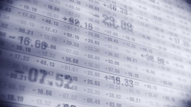 Financial stock market numbers. Business success and growth concept. Monochrome. Abstract economy data on screen display. Loop animation.