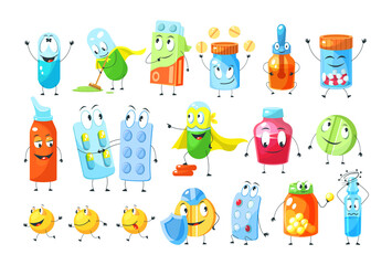 Сute medical mascot pills character. Capsules, tablets in blister, pill, drugs smiling, juggling, running, reflecting viruses and bacteria, meeting. Pills superheroes in cloaks masks