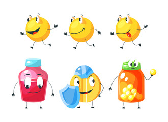 Сute medical mascot pills character. Capsules, tablets in blister, drugs smiling. Yellow pills running, potion protect against viruses, bacteria. Pills superheroes in cloaks masks cartoon