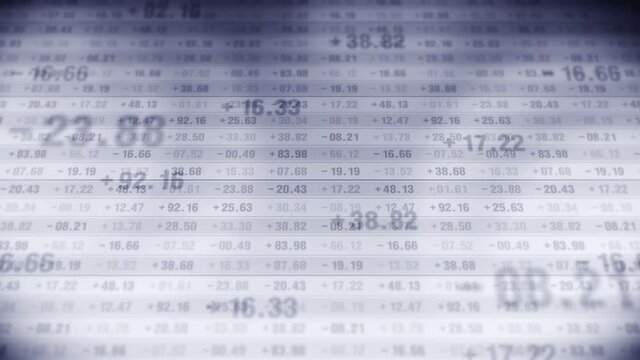 Financial stock market numbers. Business success and growth concept. Monochrome. Abstract economy data on screen display. Loop animation.