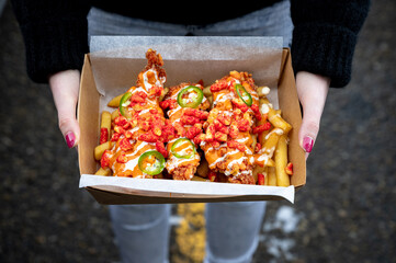 Korean fried chicken tender with spicy chips and sauce