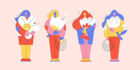 Group of women standing and holding flowers. Colorful female figures set. International Women's Day vector illustration.