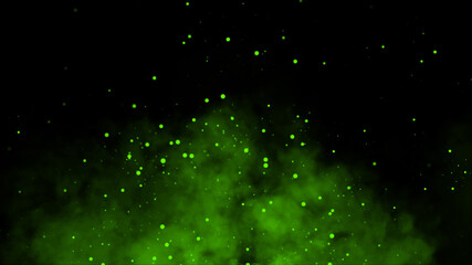 Perfect green fire particles embers sparks on isolated black background . Texture overlays. Explosion burn effect. Stock illustration.