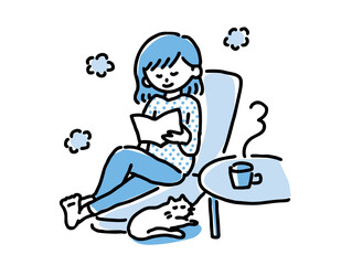 Fototapeta premium ステイホームで読書する女性のイラスト