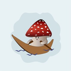 cute mushroom with paper boat vector illustration. hand drawing, doodle, pastel color, balloon, baby shower concept, wall art.
