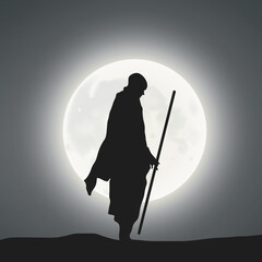 An Asian Monk Soldier Holding The Stick Under The Moonlight
