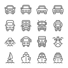 vehicle and transportation front view thin line icon set,vector and illustration