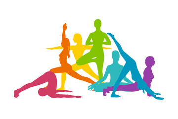 Plakat Rainbow yoga asanas. Rainbow colored silhouettes of women practicing yoga. Vector illustration isolated on white background