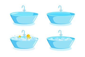 Bathtub with faucet, ducks and suds. Ellipse tub set with tap with soap foam. Vector illustration in cartoon style