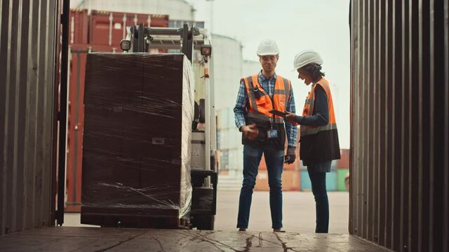 Forklift Driver Loading a Shipping Cargo Container with a Full Pallet with Boxes in Logistics Port Terminal