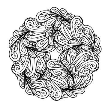Black and white ethnic style floral mandala pattern for antistress coloring. Abstract coloring page.
