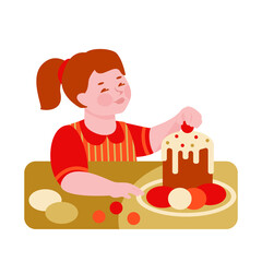 Little girl decorates Easter cake and eggs. Vector illustration in flat cartoon style. Isolated on a white background.