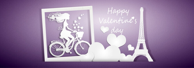 Beautiful girl with hearts on bicycle. 3d Illustration