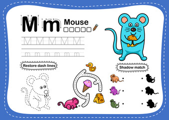 Alphabet Letter M-mouse exercise with cartoon vocabulary illustration, vector