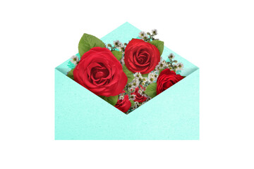 Opened blue envelope with red rose flower