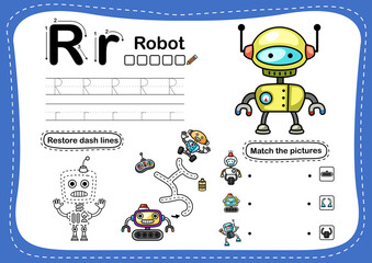 Alphabet Letter R-robot exercise with cartoon vocabulary illustration, vector