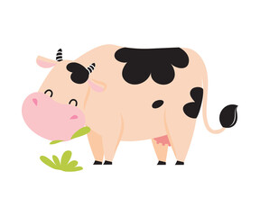 Lovely Grazing Baby Cow, Adorable Funny Farm Animal Cartoon Character Vector Illustration