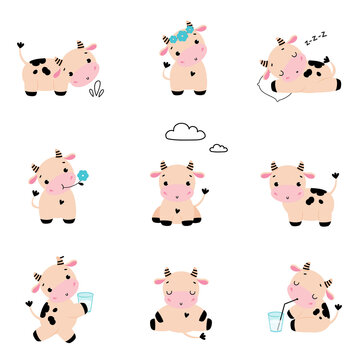 Collection of Cute Little Cow in Various Action, Adorable Funny Farm Animal Cartoon Character Vector Illustration