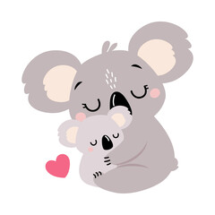 Fototapeta na wymiar Adorable Mother Koala Hugging her Baby, Lovely Australian Animal Cartoon Character Vector Illustration
