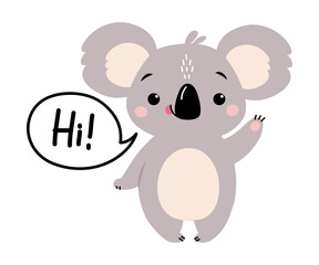 Cute Koala Waving its Paw and Saying Hi, Adorable Australian Animal Cartoon Vector Illustration