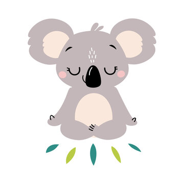 Cute Koala Meditating in Lotus Position, Adorable Australian Animal Cartoon Character Vector Illustration