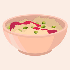 Vector illustration of pink porridge bowl with pumpkin seeds and jelly.
