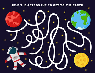 Maze with cartoon astronaut and planets. Get to the Earth.
