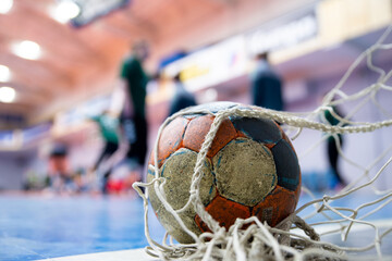 Ball on the floor at the goal, handball, futsal