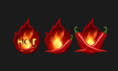 Burning red pepper icons set. Chili peppers on fire. An element for decorating sauces and spicy dishes. Realistic style. Vector illustration.